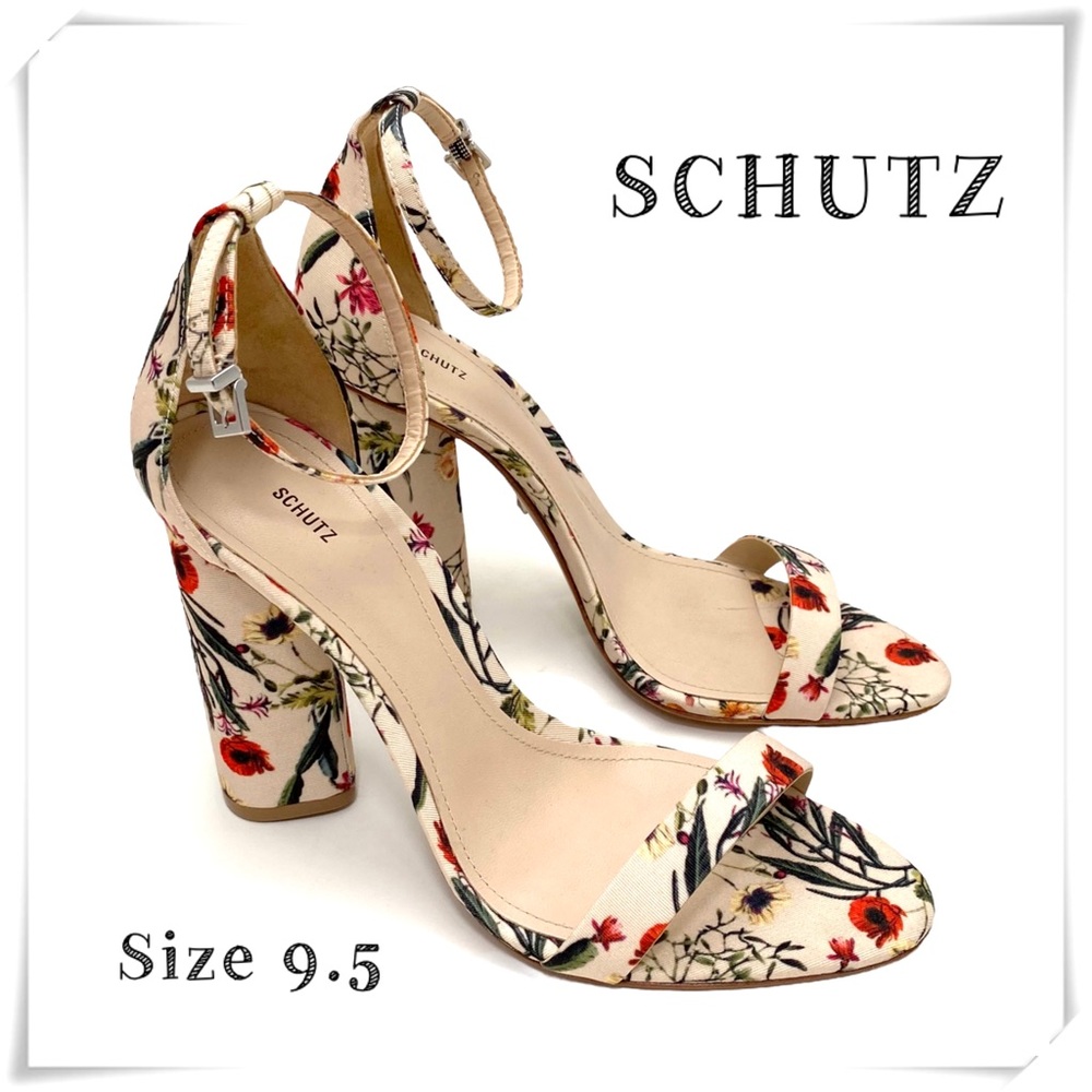 Schutz Jeannine Floral Strap Block High Heel in Nude Beige Size 9.5 New with Tag - Picture 1 of 11